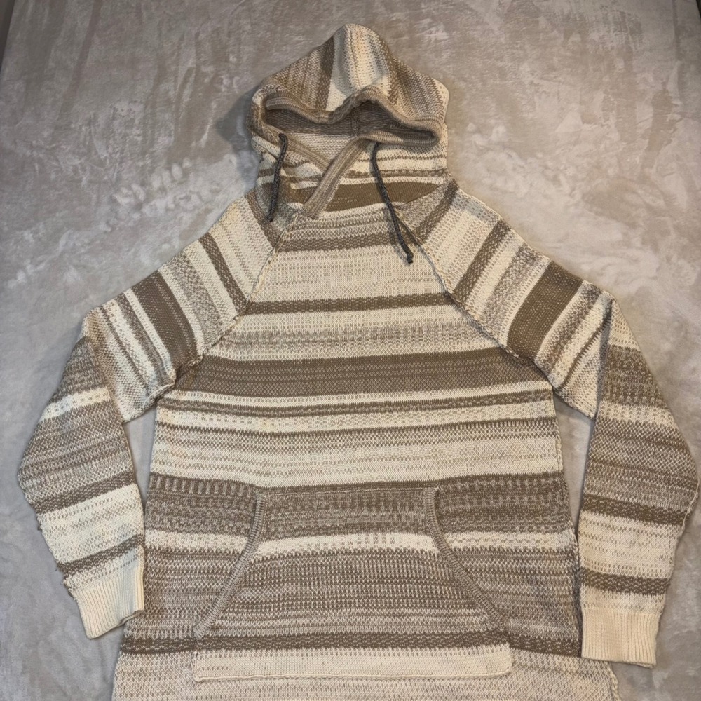 Koto Urban Outfitters Mens Large Striped Knit Hoodie Sweater Tan Cream Cotton